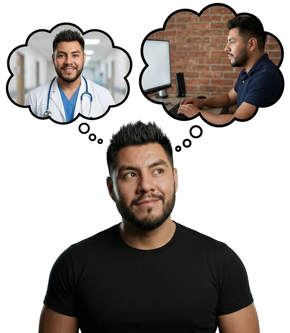 Frank Reyes entre dos globos de pensamiento: en uno se imagina como médico y en el otro frente a una computadora, en el mundo de la tecnología.