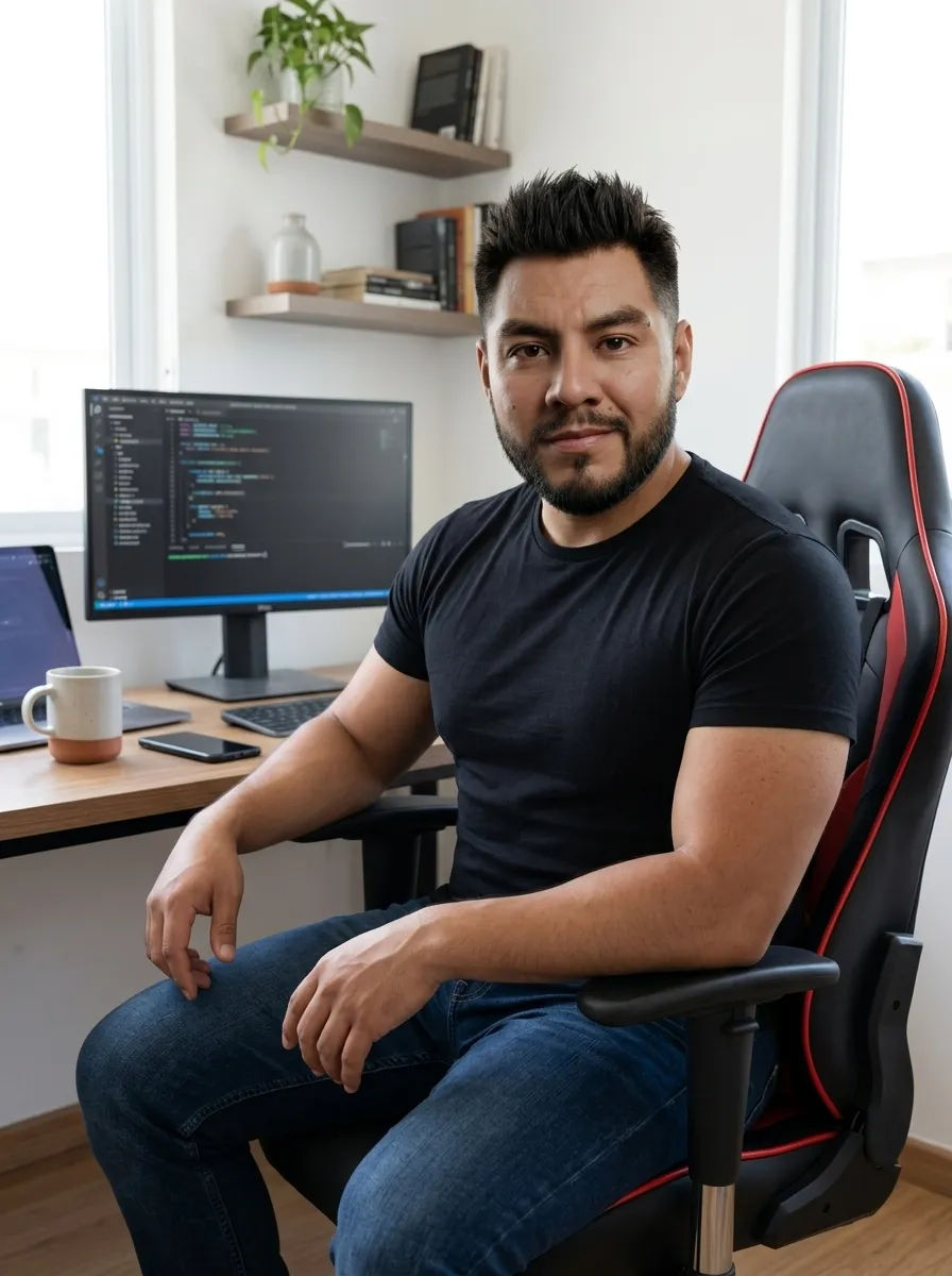 Frank Reyes sentado en su silla de trabajo, con camiseta negra, frente a un monitor con código.