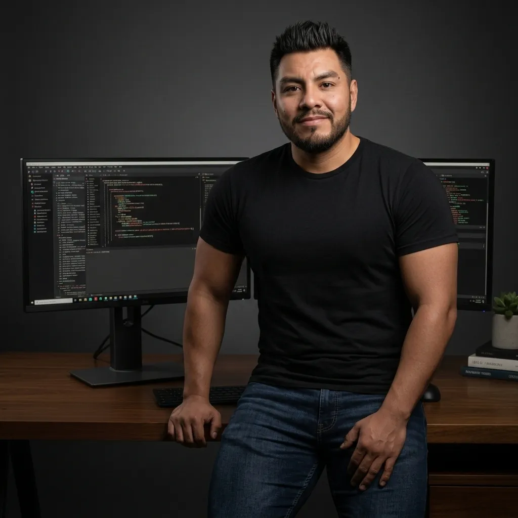 Frank Reyes recargado en su escritorio, con camiseta negra y jeans, frente a dos monitores con código.