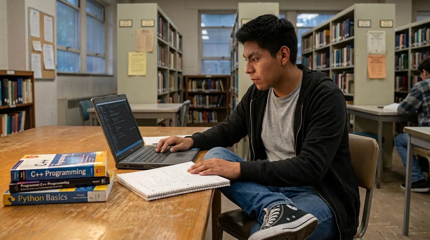 Frank Reyes de joven, estudiando y programando en la biblioteca de la universidad, con libros de C++ y Python sobre la mesa.