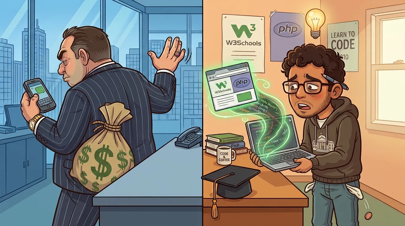 Ilustración de un jefe alejándose con una bolsa de dinero, ignorando a un joven desarrollador que sigue programando: el proyecto por el que nunca le pagaron.
