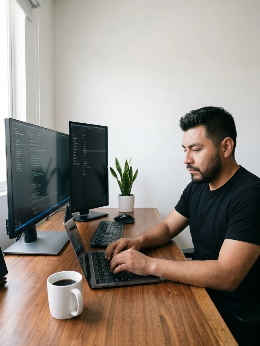 Frank Reyes trabajando en su escritorio de madera con doble monitor, una laptop, una taza de café y una planta.