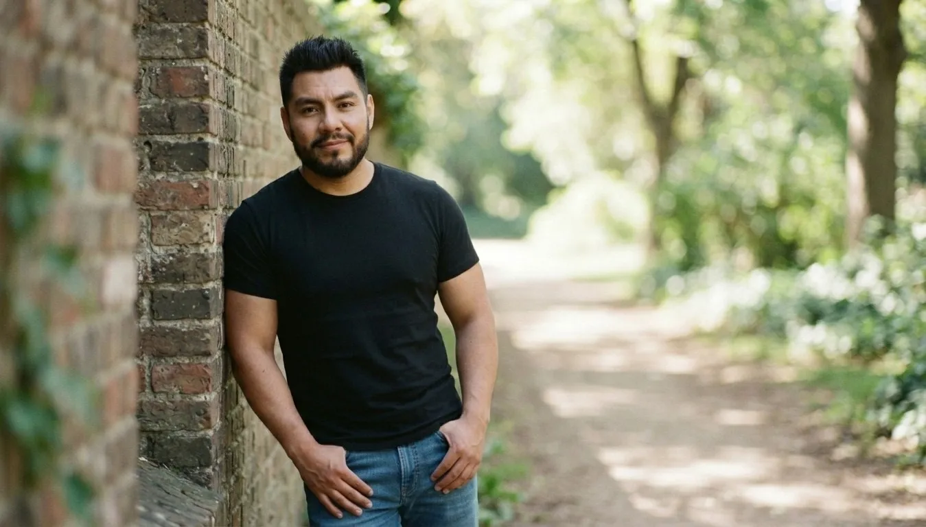Frank Reyes con ropa casual (camiseta negra y jeans), recargado en una pared de ladrillo en un parque.